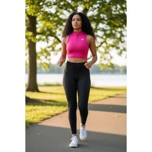 JoyLab Hot Pink Ribbed Crop Tank Zip Mock Neck Athletic Workout Top Small